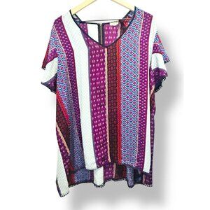 Women’s Size 3X Mix Print Embroidered Popover Blouse Boho Lagen Look Work Travel